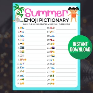 Printable Summer Emoji Pictionary Game | Family Friendly Holiday Party Activity | Pool Party Emoji Pictionary Game | Fun Summer Game