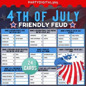 May include: A patriotic 4th of July Friendly Feud game card set. The game features categories like popular activities, food, and reasons to love the holiday. The design includes a red, white, and blue color scheme with an eagle illustration.