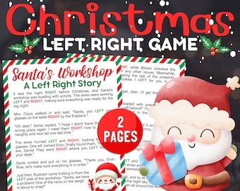 Op de afbeelding: Een kerstspel getiteld "Christmas Left Right Game" met een illustratie van de kerstman. Het spel bevat een verhaal over de werkplaats van de kerstman en de elfen. Het ontwerp maakt gebruik van rode, groene en witte kleuren.
