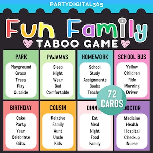 Divertidos juegos de cartas tabú familiares para todas las edades, Juegos tabú de fiesta imprimibles para adolescentes, Ideas nocturnas de juegos de palabras prohibidas, Juego divertido para amigos