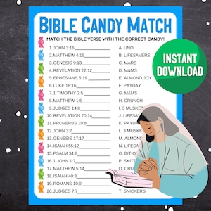 Match-spel Bijbelsnoep | Afdrukbaar bijbelfeestspel | Kerkactiviteit voor kinderen en jongeren | Christelijk familiefeestspel | Spel Bijbeltrivia