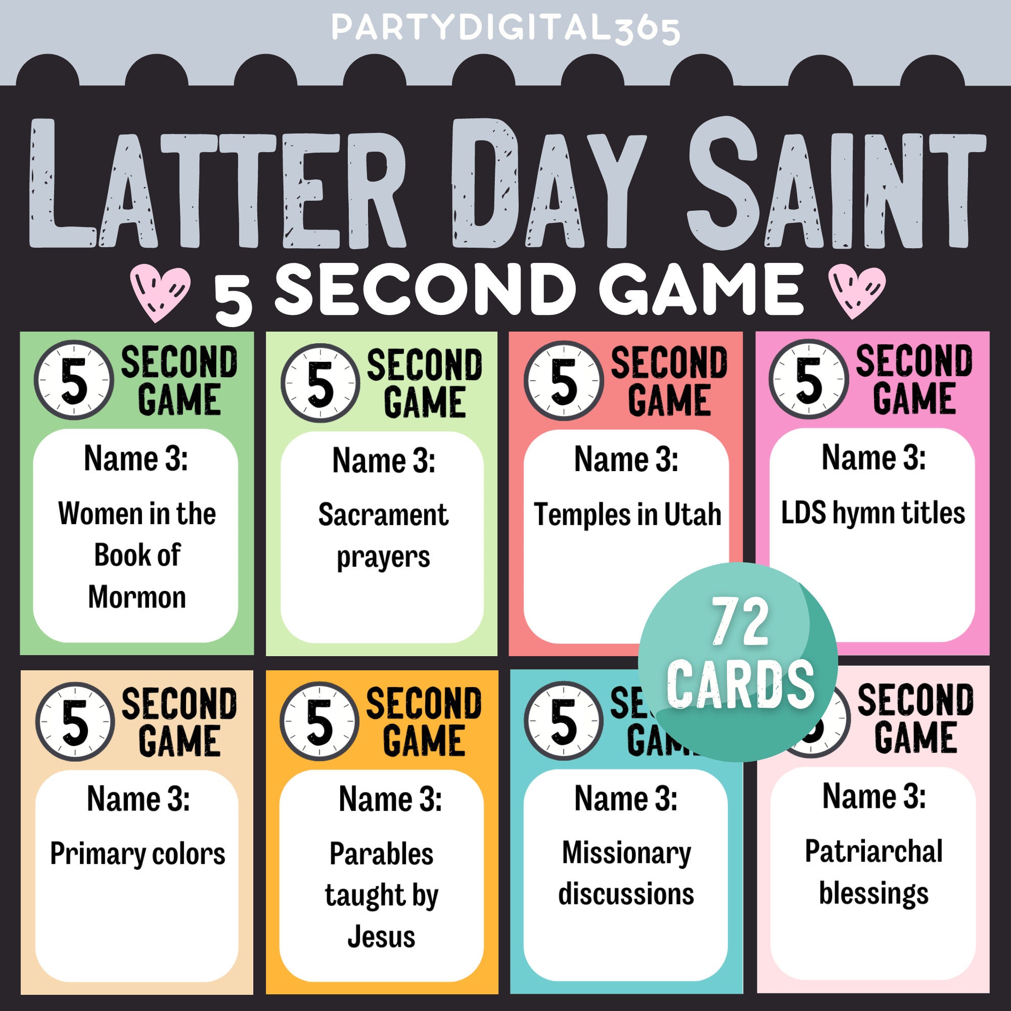 Latter Day Saint 5 Second Game | Printable LDS Family Games Activities | Games Night Ideas for All Ages | Book of Mormon Trivia Games