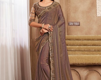 Blouse en soie pailletée dorée sans couture avec sari en soie | Dernières collections de sari de créateurs pour femmes |