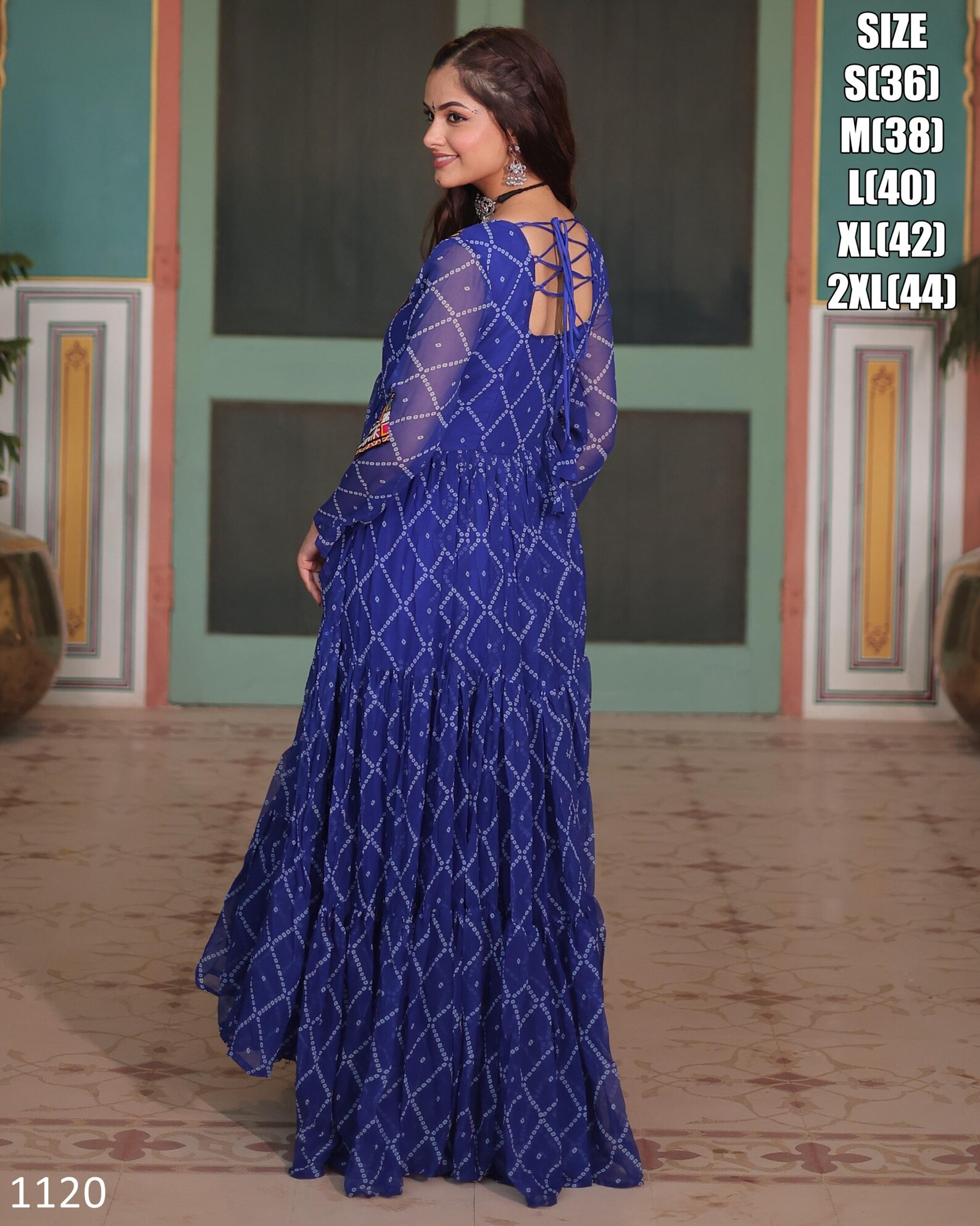 Pink Bandhani Print Georgette Kutchi Patchwork Flair Navratri Gown