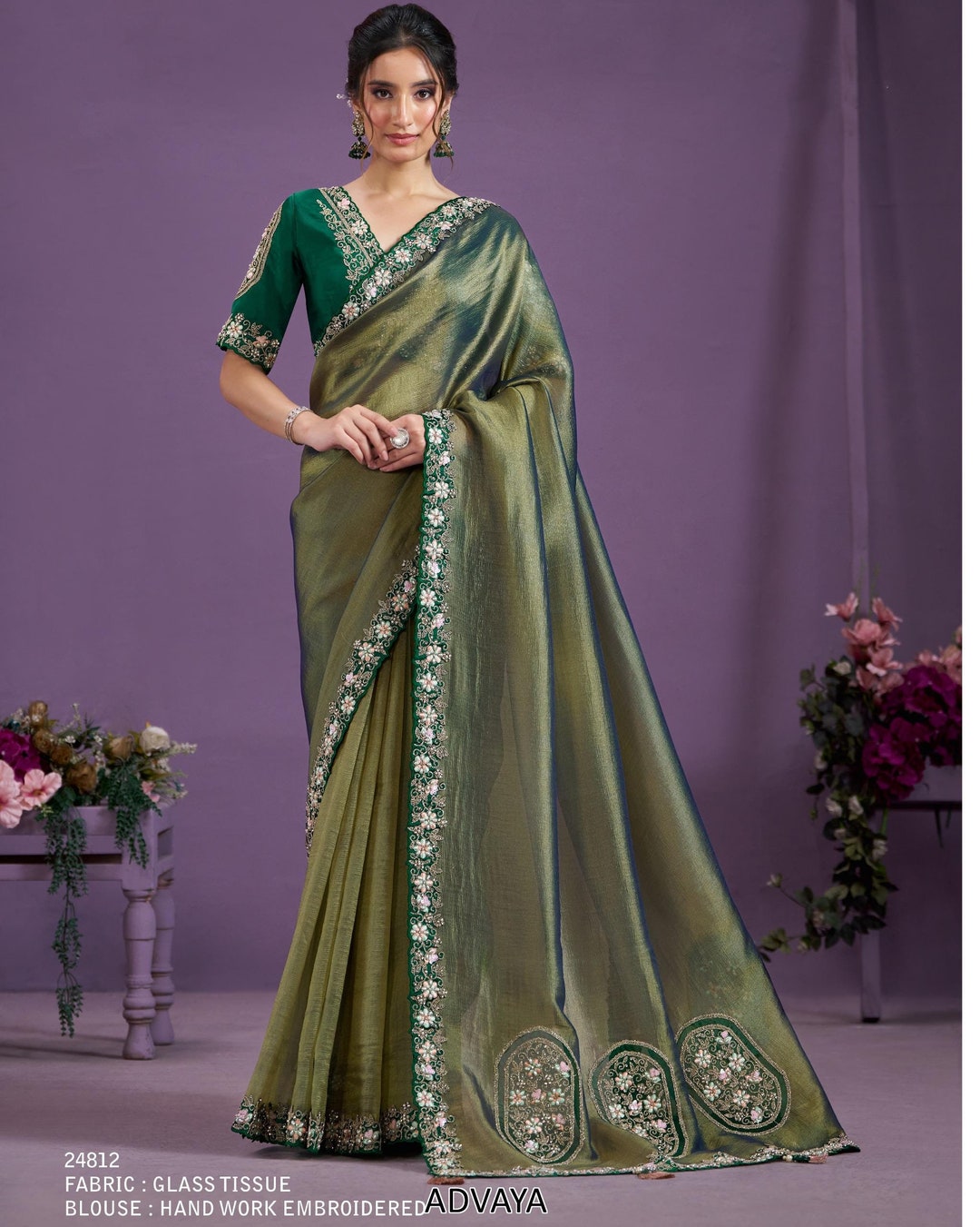 Women Party Wear Embroidered Worked Tissue Saree with Un Stitched Blouse