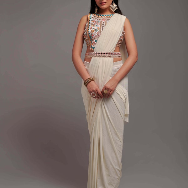 Women's Stunning White Ready-To-Wear Lycra Saree with Heavy Dhupiyan Blouse Elegant Indian Ethnic Wear