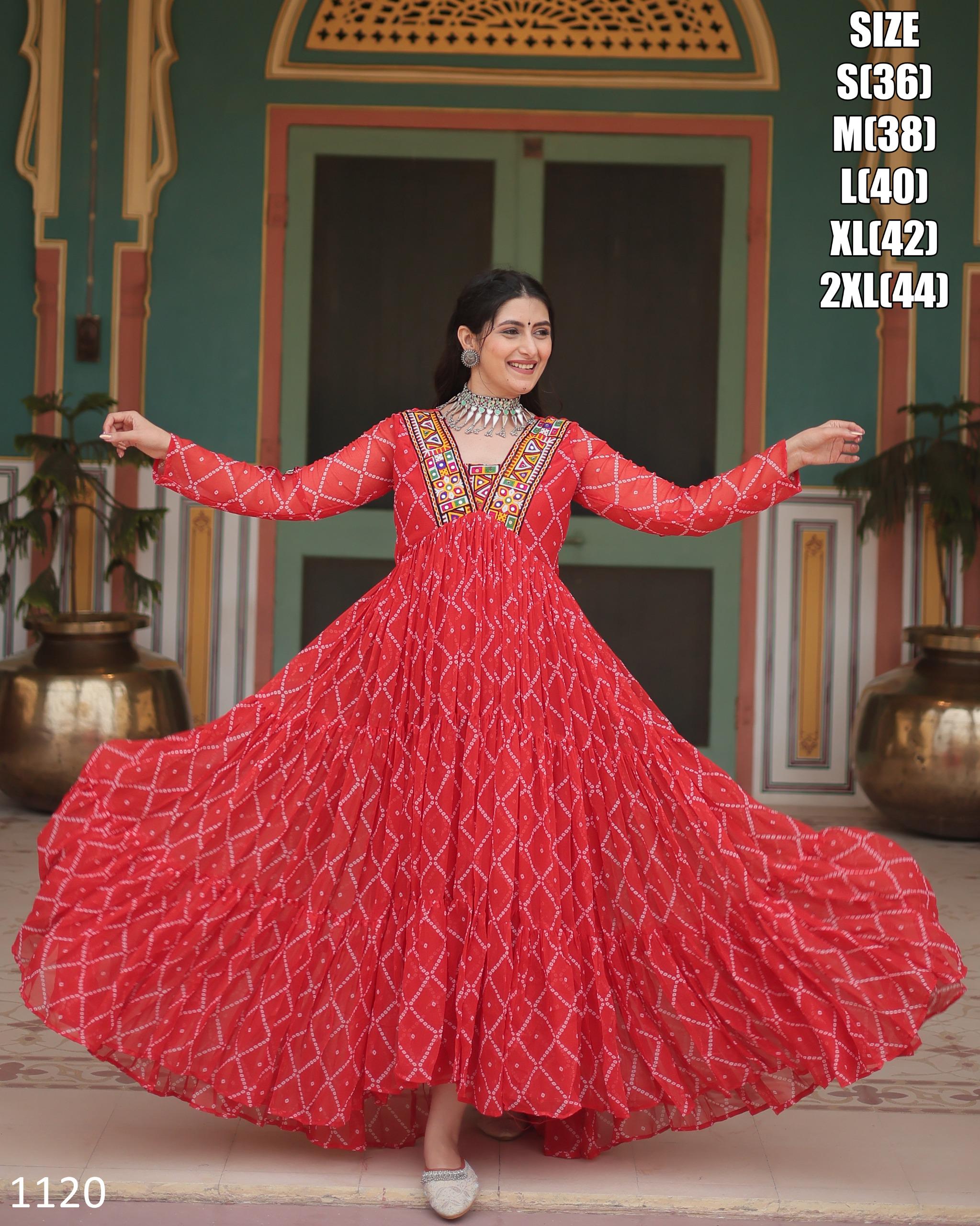 Gamathi Work Navratri Gown with Real Mirror – Bandhani Print, 9 Meter Flair main image 0