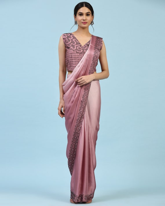 Glamming Blush Pink Colour Stitched Saree With Swarovski Work Blouse Indo  Western Saree Designer Stitched Saree Party Wear Bridesmaid Saree 