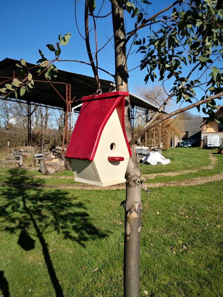 Cabane Oiseaux Nichoir Bois Sapin Rouge Bordeaux