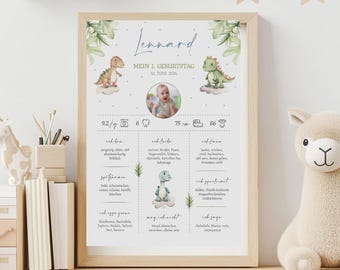 Dinosaur 1st Birthday Milestone Poster | Personalized Baby Stats