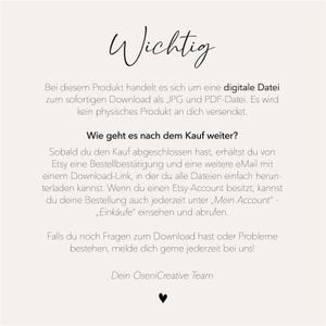 May include: A cream-colored digital download announcement with the word "Wichtig" in elegant script. The text explains the product is a digital file available as JPG and PDF, with download instructions and Etsy account access details.
