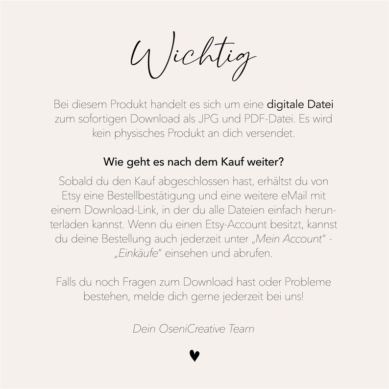 May include: A cream-colored digital download announcement with the word "Wichtig" in elegant script. The text explains the product is a digital file available as JPG and PDF, with download instructions and Etsy account access details.