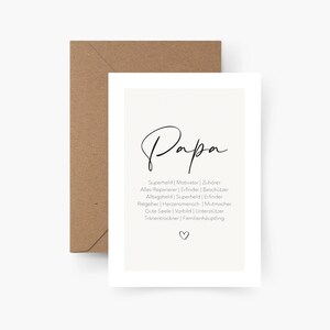 May include: A greeting card with the word "Papa" in elegant script. Below, a list of qualities such as "Superhero" and "Motivator" are listed. The card is white with a brown envelope.
