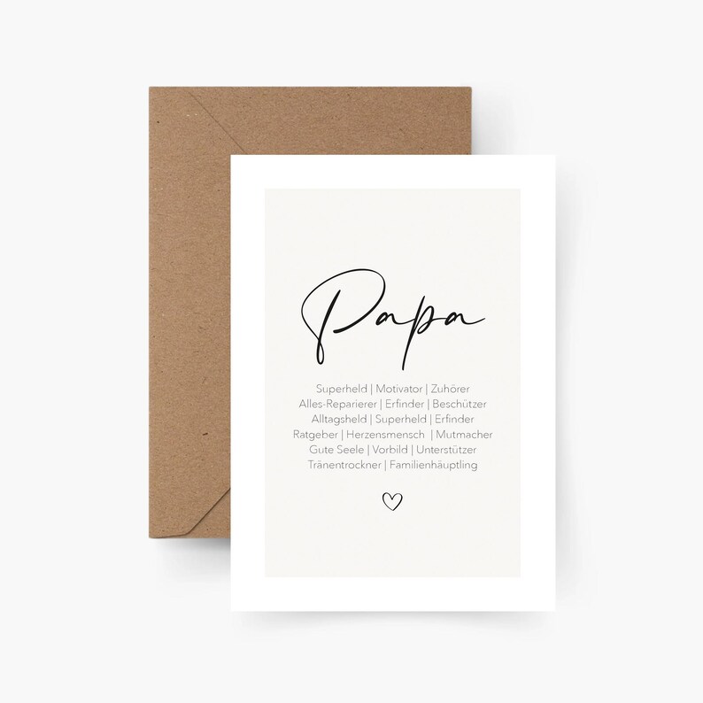 May include: A greeting card with the word "Papa" in elegant script. Below, a list of qualities such as "Superhero" and "Motivator" are listed. The card is white with a brown envelope.
