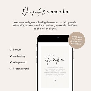 May include: A smartphone displays a digital card with the word "Papa" in elegant script. The card includes a list of qualities and a heart symbol. Text above reads "Digital versenden" and other text describes the digital card.