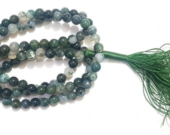 Green Moss Agate Jap Mala, Natural Stone Prayer Beads
