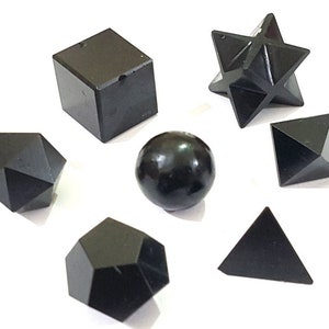 Black Tourmaline Platonic Solids Set: Sacred Geometry Healing Crystals