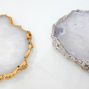 Natural Agate Coasters - Brazilian White Gemstone Crystal with Gold and Silver Rim for Coffee & Wooden Table, House Set of 2| Size4"-4.5"