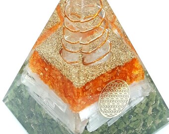 Serpentine & Selenite Orgonite Pyramid: Flower of Life, Healing Crystal