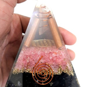 Rose Quartz Black Tourmaline Real Copper Healing Nubian Pyramid Big EMF Energy Protection, Sacred geometry Flower of Life pyramid