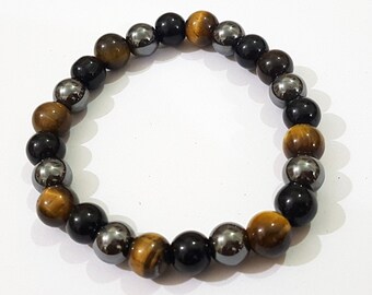 Pulseira de Tripla Proteção: Olho de Tigre, Obsidiana Negra e Hematita