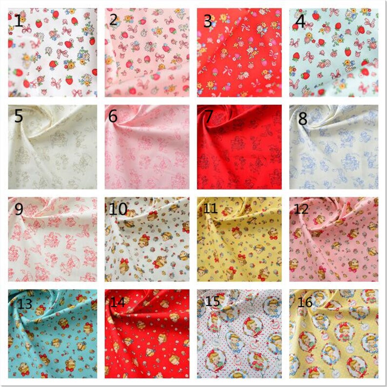 May include: A collection of 16 fabric swatches with various patterns, including floral, animal, and geometric designs. The swatches are arranged in a grid with numbers 1 through 16.