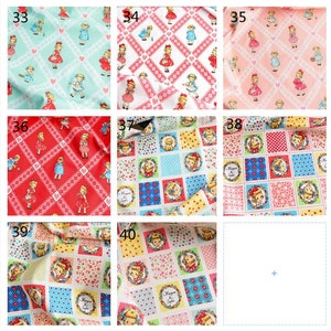 May include: A collection of ten fabric swatches featuring a variety of patterns with a girl doll motif. The patterns include red and white gingham, pink and white gingham, blue and white gingham, red and white hearts, pink and white hearts, and a patchwork design with floral and geometric patterns.