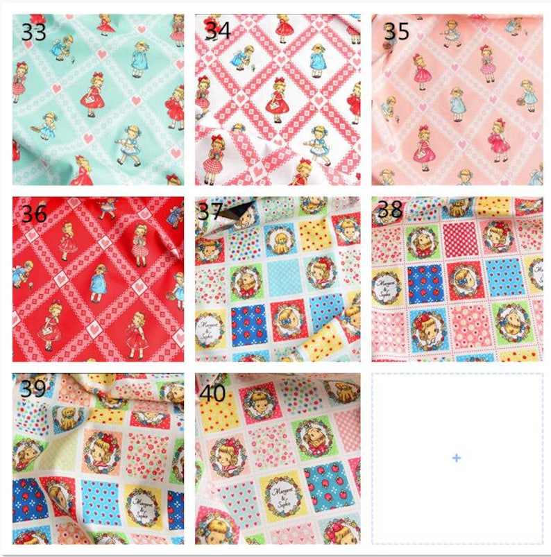 May include: A collection of ten fabric swatches featuring a variety of patterns with a girl doll motif. The patterns include red and white gingham, pink and white gingham, blue and white gingham, red and white hearts, pink and white hearts, and a patchwork design with floral and geometric patterns.