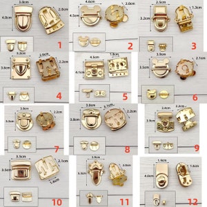 May include: Twelve different styles of gold-toned metal clasps or closures for bags, purses, or other craft projects. The clasps range in size from 1.3 cm to 4.6 cm.