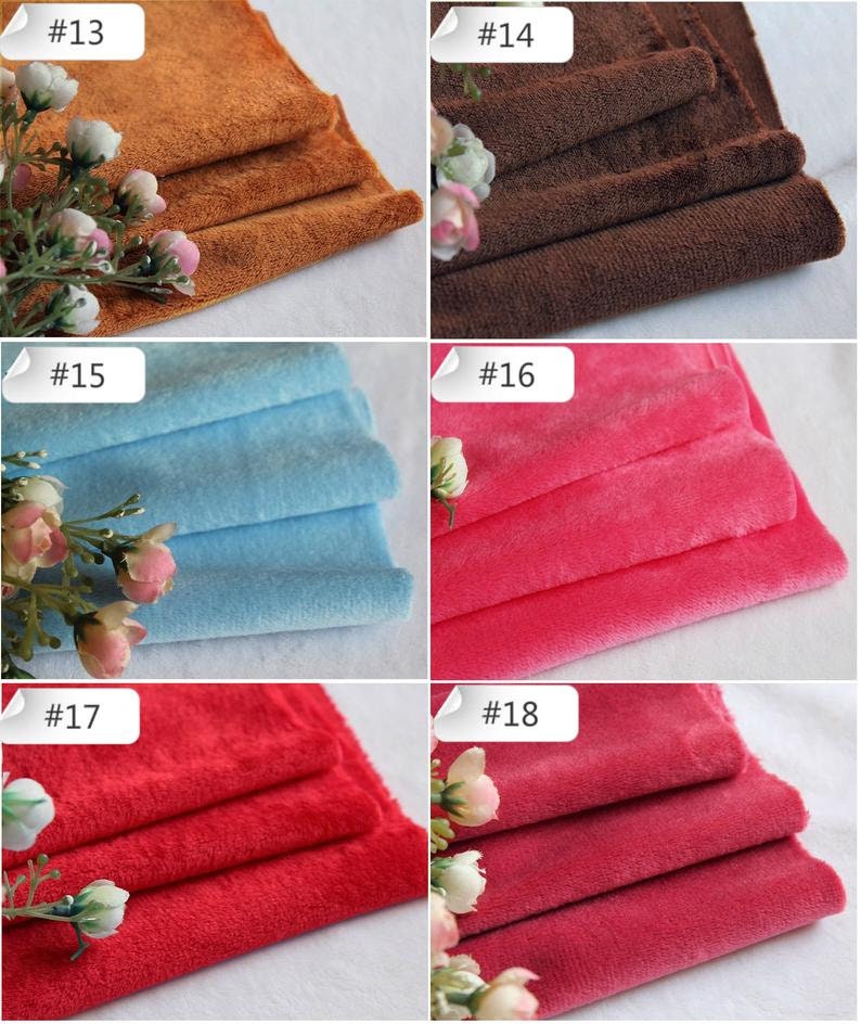 May include: Six swatches of soft, plush fabric in various colors, including brown, light blue, pink, red, and a darker red. Each swatch is folded into three layers and labeled with a number from 13 to 18.