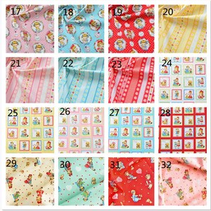 May include: A collection of 16 different fabric swatches featuring a variety of patterns and colors. The patterns include stripes, polka dots, and floral designs. The colors include pink, blue, red, yellow, and green.