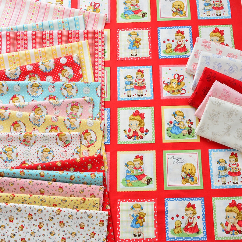 May include: A collection of 16 fabric squares featuring a red background with white polka dots and a repeating pattern of girls and animals. The fabric squares are arranged in a stack, with the top square showing a girl holding a teddy bear. The fabric squares are surrounded by a variety of other fabrics, including floral prints, stripes, and polka dots.