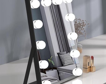 LED-Lighted Vanity Mirror Hairdresser Makeup Mirror Hollywood Mirror with Lights Black Mirror with Blubs Electric Beauty Mirror Cosmetics