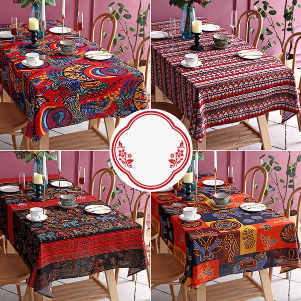 Cotton Linen Tablecloth Ethnic Style Rectangular Table Cover Cloth Indian Block Print Tablecloth Floral Cotton Table Cover Gift For New Home
