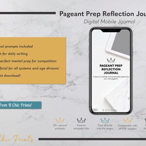Op de afbeelding: Een digitaal mobiel dagboek voor de voorbereiding op schoonheidswedstrijden. De omslag toont een kroon en de tekst "Pageant Prep Reflection Journal". Het dagboek bevat meer dan 20 dagboekprompts, gemakkelijk te navigeren links en is compatibel met alle PDF-lezers.