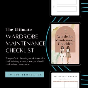 May include: A digital download of 10 printable PDF templates for a wardrobe maintenance checklist. The checklist includes a dry cleaning schedule, a wardrobe inventory, and other helpful tips for keeping your clothes organized and in good condition. The image features a watercolor background with two women in stylish outfits.