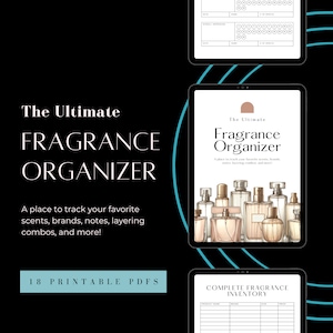 May include: The Ultimate Fragrance Organizer, a printable PDF guide with 18 pages to help you track your favorite scents, brands, notes, layering combos, and more. The cover features a digital illustration of a collection of perfume bottles.