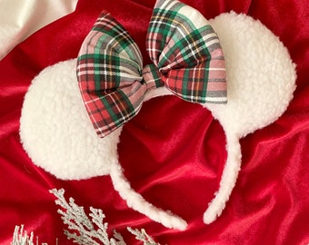 Cozy White Christmas Sherpa Plaid Minnie Mickey Mouse Ear Headband