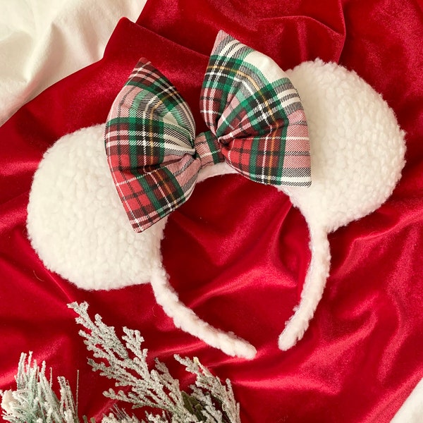 Cozy White Christmas Sherpa Plaid Minnie Mickey Mouse Ear Headband