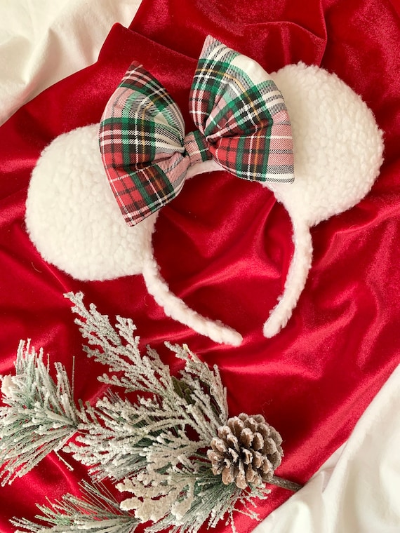 Cozy White Christmas Sherpa Plaid Minnie Mickey Mouse Ear 