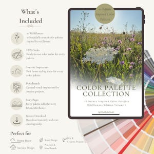 Könnte beinhalten: Eine digitale Produktanzeige mit einem Tablet, das ein Bild einer Blumenwiese zeigt, mit dem Text Color Palette Collection 10 Nature Inspired Color Palettes Wildflowers Edition Volume I, neben einem Farbfächer und weiterem Text.
