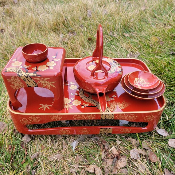Japanese Tea Set/ Vintage Lacquer Set / Japanese Red Lacquer Etsy