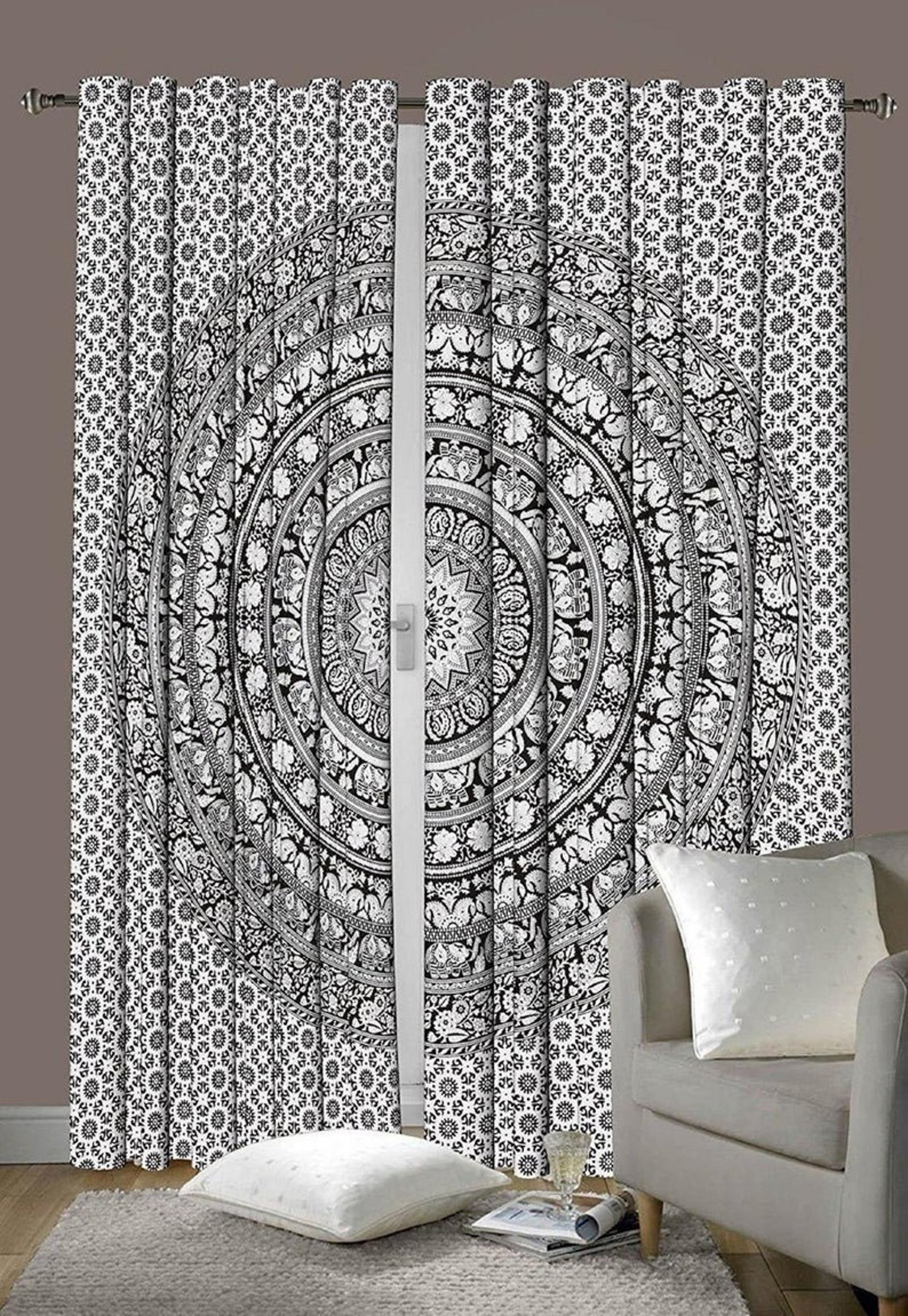 Cotton Window Curtains Door Curtains Boho Drapes Black Etsy