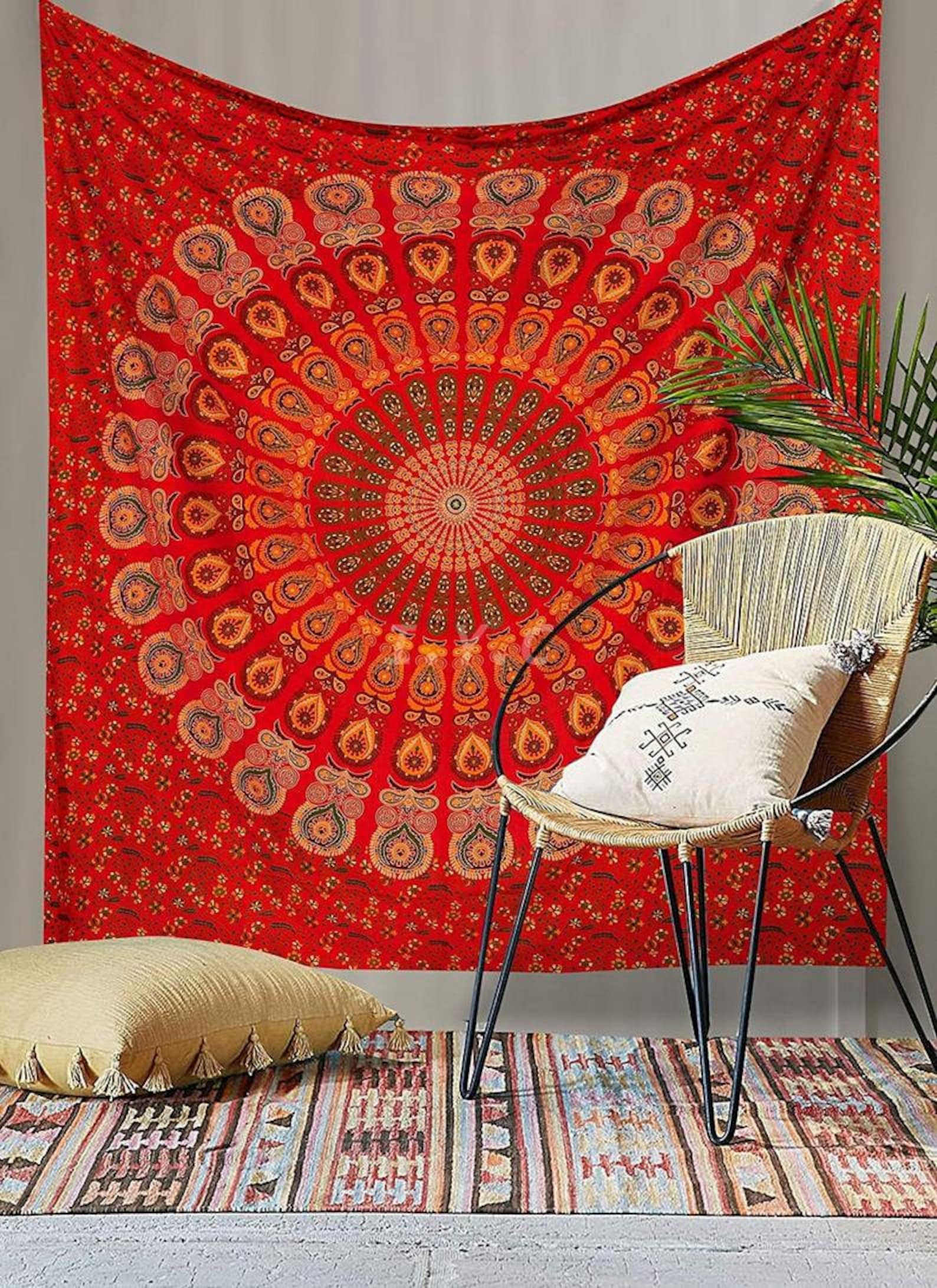 Wall Hanging Red Mandala Tapestry Indian Hippie Psychedelic Etsy