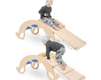 Kinder Kletterbogen mit Rutsche und Kletterbrett - Indoor Bogenwippe aus Naturholz | Jumbo Klettergerüst Set & Montessori für Kinder- BUNT