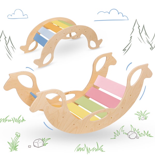 Montessori Wippe und Kletterbogen - SCHAUKELPFERD BUNT - pädagogisches Schaukelspielzeug NOBSI | Ideal zum Balancieren, fördert Motorik