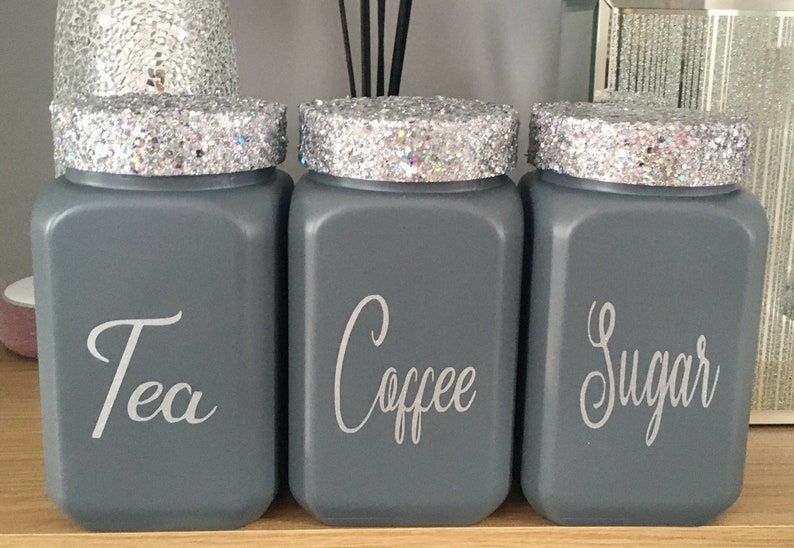 Grey and Silver Glitter Tea Coffee Sugar Jar Glass ...