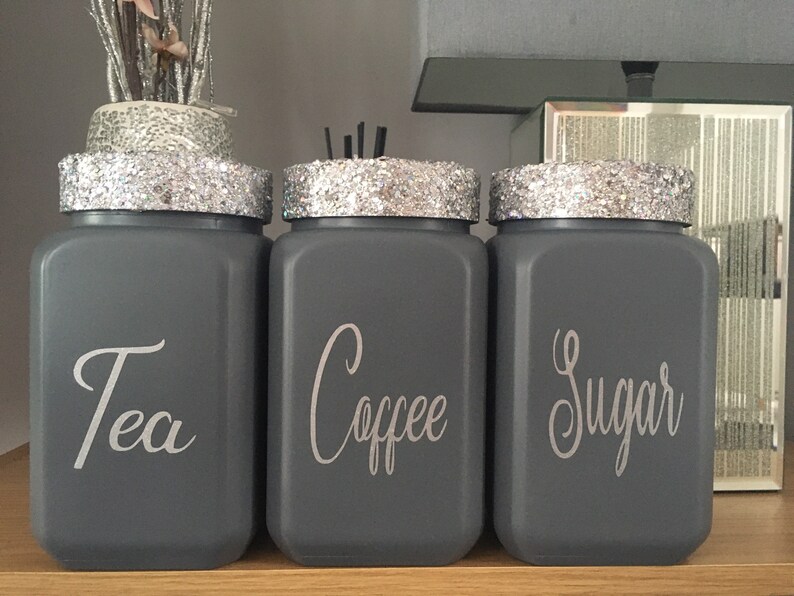 Grey and Silver Glitter Tea Coffee Sugar Jar Glass Canister Etsy