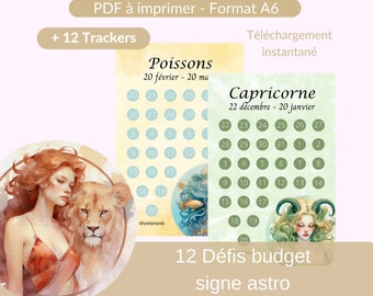 Budgetherausforderungen für Sternzeichen, Herausforderung zum Sparen über ein Jahr, 12 Budgetherausforderungen für Sternzeichen mit Trackern, A6-Format