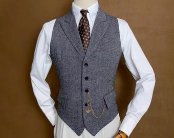 Grey color Tweed Herringbone Waistcoat with Peak Lapel - Tailored Fit Single-Breasted vest